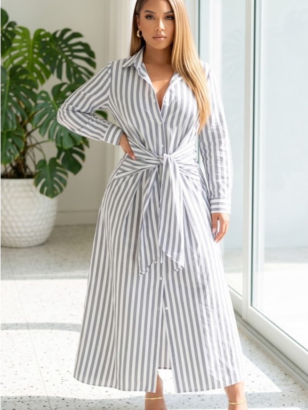Striped Tie-Waist Maxi Shirt Dress in Gray and White D-68043-GRY1